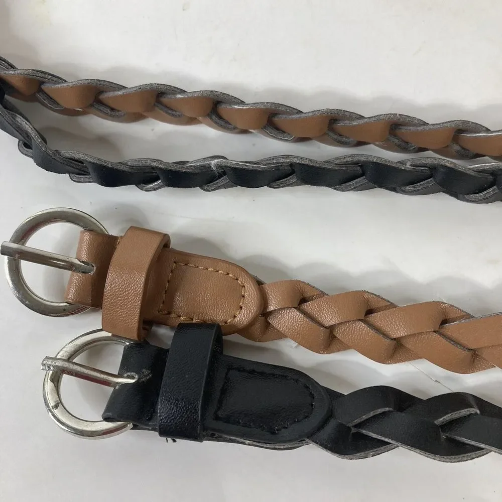 Lot of 2 Woven‎ Braided Leather Women's Belt Size 10 Black Brown length 44